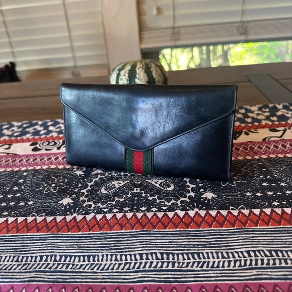 Gucci Black Leather Long Wallet Sherry Line Foldover Clasp, Vintage and Rare - Picture 3 of 13